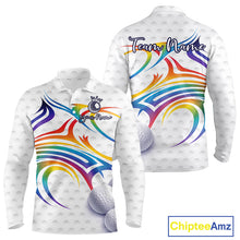 Load image into Gallery viewer, Rainbow Color Mens Golf Polo Shirts Golf Ball Pattern Custom Name, White Golf Shirt For Men NBT545