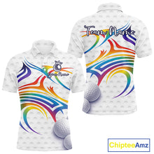 Load image into Gallery viewer, Rainbow Color Mens Golf Polo Shirts Golf Ball Pattern Custom Name, White Golf Shirt For Men NBT545