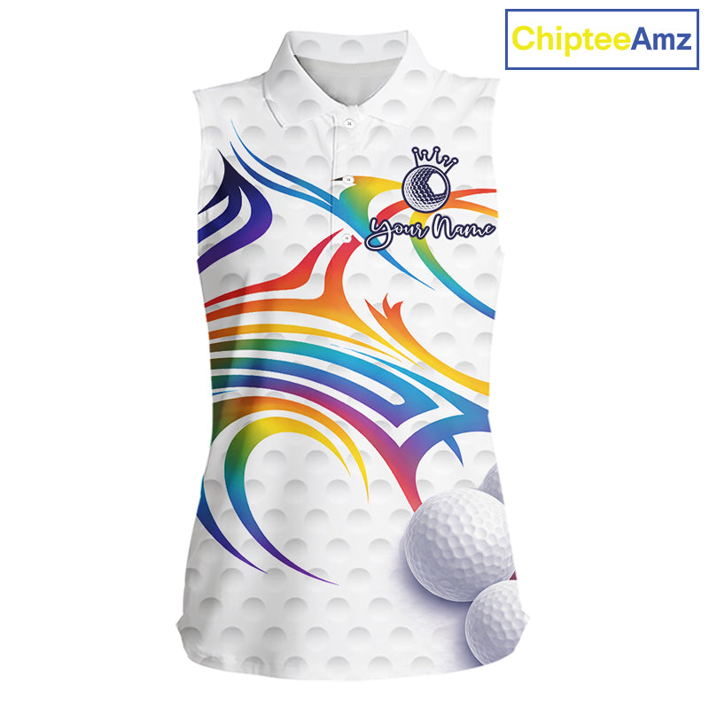 Rainbow Color Womens Sleeveless Golf Polo Shirts Golf Ball Pattern Custom Name, White Golf Shirt For Women NBT545
