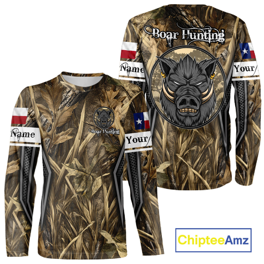 Texas Flag Wild Boar Hunting Camo Custom Name Shirts, TX Hog Hunting Shirt for Hunter NBT174