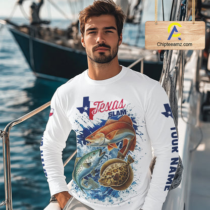 Texas Slam Fishing Redfish, Trout, Flounder Fishing Shirts Long Sleeve, Texas Flag Fishing Jerseys NBT445