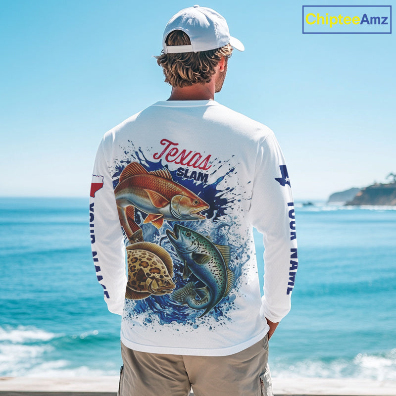 Texas Slam Fishing Redfish, Trout, Flounder Fishing Shirts Long Sleeve, Texas Flag Fishing Jerseys NBT445