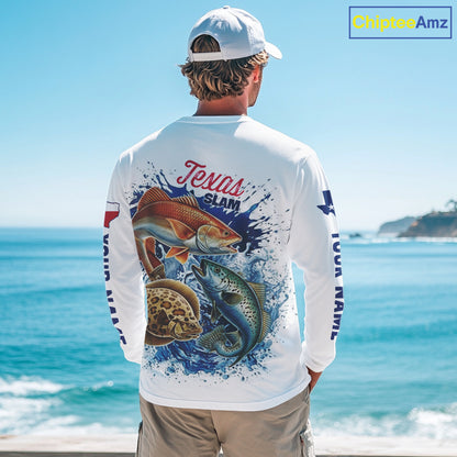 Texas Slam Fishing Redfish, Trout, Flounder Fishing Shirts Long Sleeve, Texas Flag Fishing Jerseys NBT445