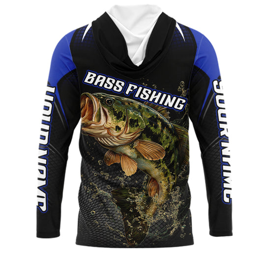 Largemouth Bass Fishing Hood UV Protection Blue Custom Name Shirts, Bass Fishing Team Jerseys NBT357