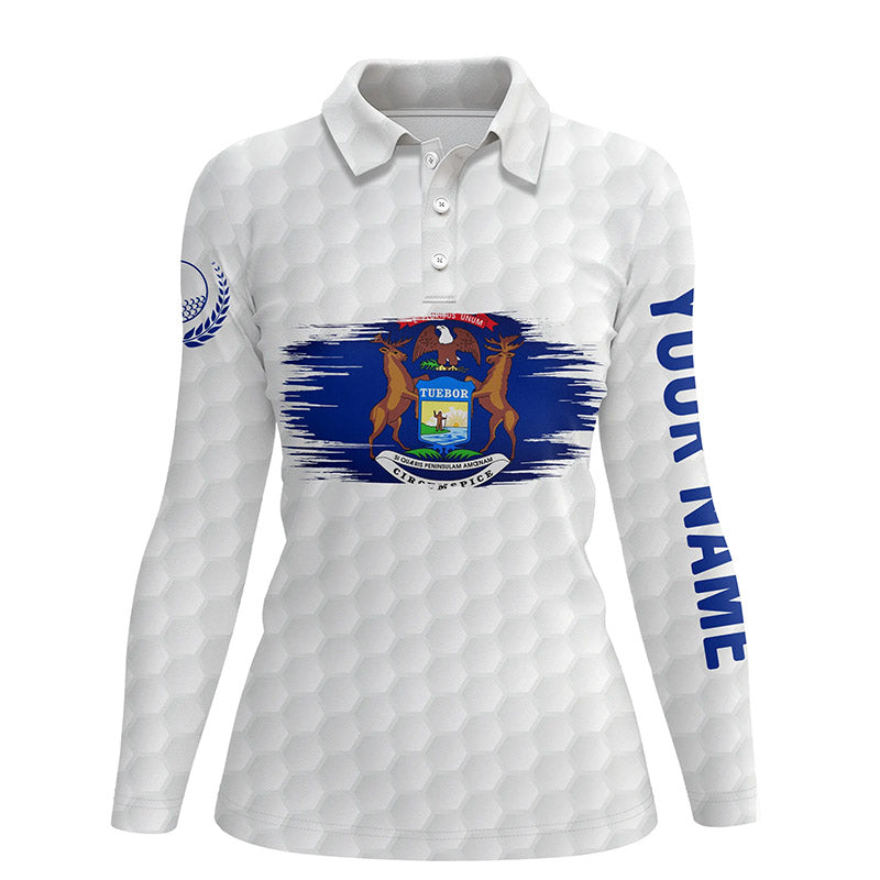 Michigan Flag White Golf Ball Pattern Polo Shirts Custom Patriotic Golf Shirts For Women LDT0499