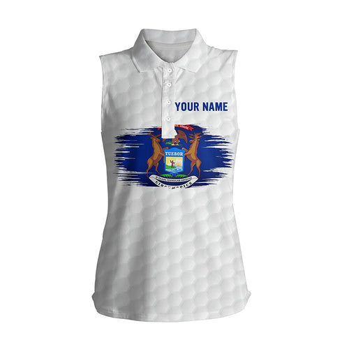 Michigan Flag White Golf Ball Pattern Womens Sleeveless Polo Shirt Custom Patriotic Women Golf Shirts LDT0499