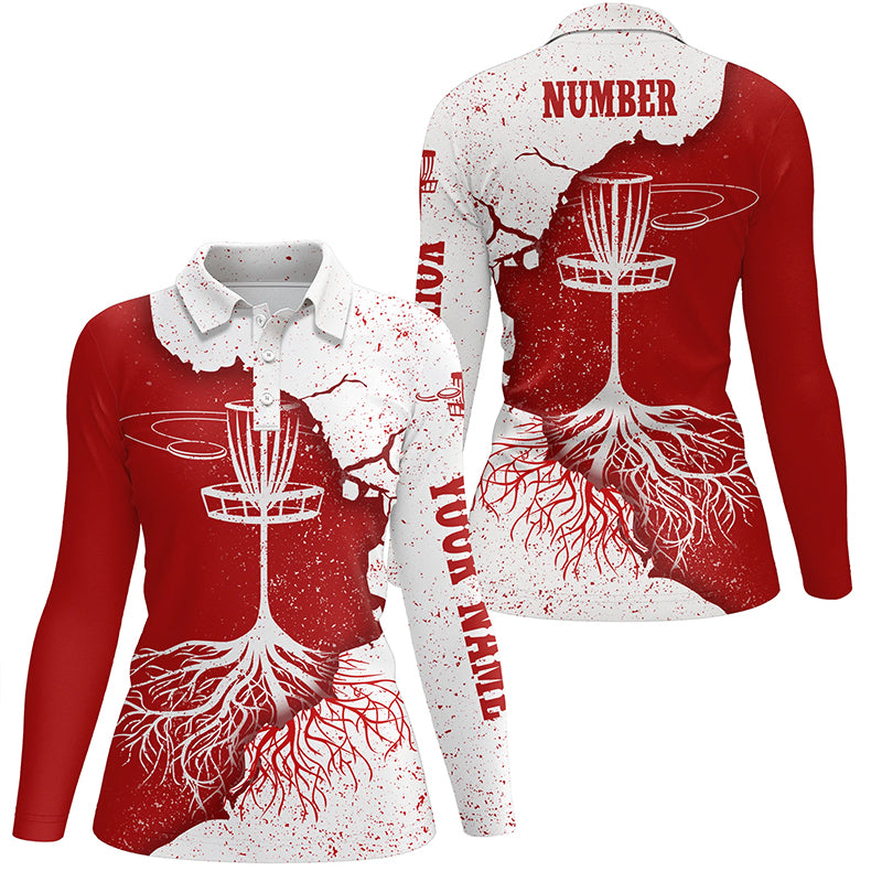 Womens Disc Golf Polo Shirt Red White Grunge Custom Disc Golf Tops For Women Disc Golf Basket LDT1032