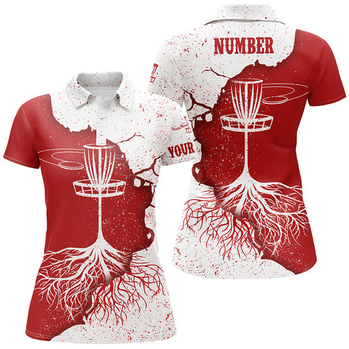 Womens Disc Golf Polo Shirt Red White Grunge Custom Disc Golf Tops For Women Disc Golf Basket LDT1032