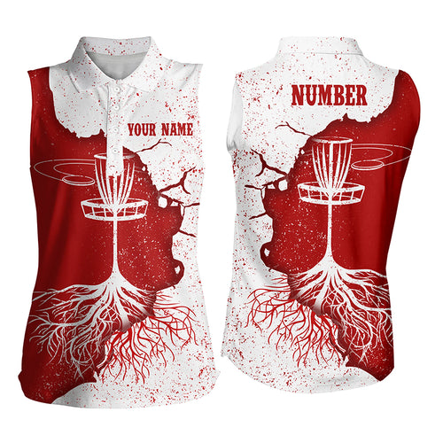 Womens Disc Golf Sleeveless Polo Shirt Red White Custom Disc Golf Shirts For Women Disc Golf Basket LDT1032