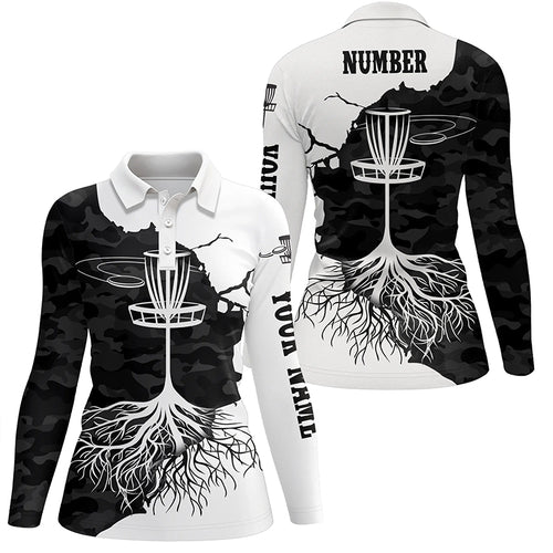 Black Camo Womens Disc Golf Polo Shirt Custom Black White Disc Golf Tops For Women Golf Gifts LDT1035