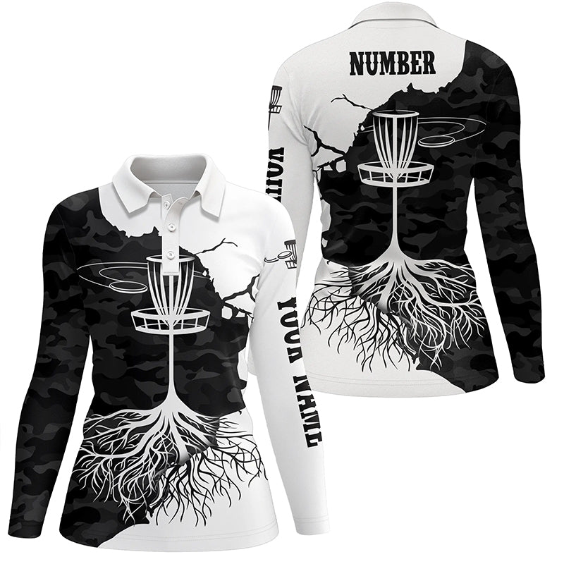 Black Camo Womens Disc Golf Polo Shirt Custom Black White Disc Golf Tops For Women Golf Gifts LDT1035