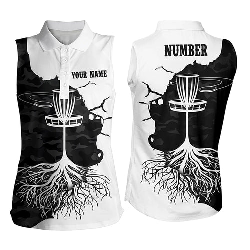 Black Camo Womens Disc Golf Sleeveless Polo Shirt Custom Black White Women Disc Golf Tops Golf Gifts LDT1035