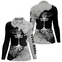 Load image into Gallery viewer, Womens Disc Golf Polo Shirt Custom Name Black &amp; Grey Disc Golf Basket Disc Golf Shirts For Women LDT0060