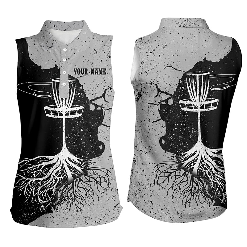 Womens Sleeveless Disc Golf Polo Shirt Custom Black & Grey Disc Golf Basket Disc Golf Tops For Women LDT0060