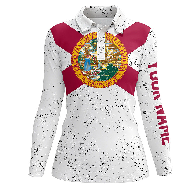 Florida Flag Personalized White Grunge Polo Shirts Patriotic Golf Shirts For Women Golf Gifts LDT0277