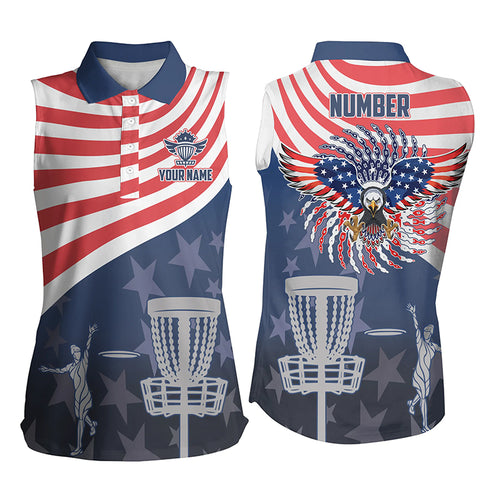 American Flag Sleeveless Disc Golf Polo Shirts Patriotic Us Eagle Custom Disc Golf Shirts For Women LDT0280