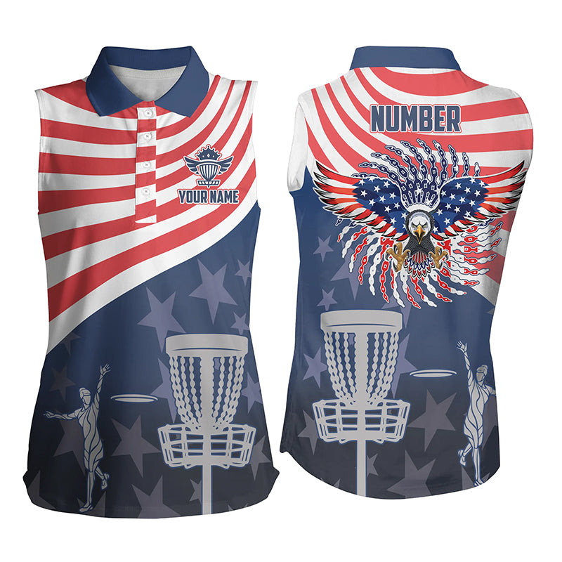 American Flag Sleeveless Disc Golf Polo Shirts Patriotic Us Eagle Custom Disc Golf Shirts For Women LDT0280