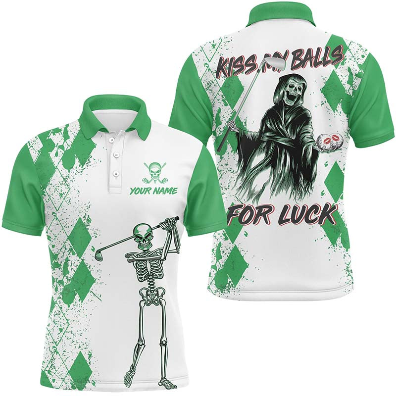 Mens Kiss My Balls Golf Polo Shirts Skeleton Green Argyle Scary Halloween Golf Shirts For Men  LDT0324