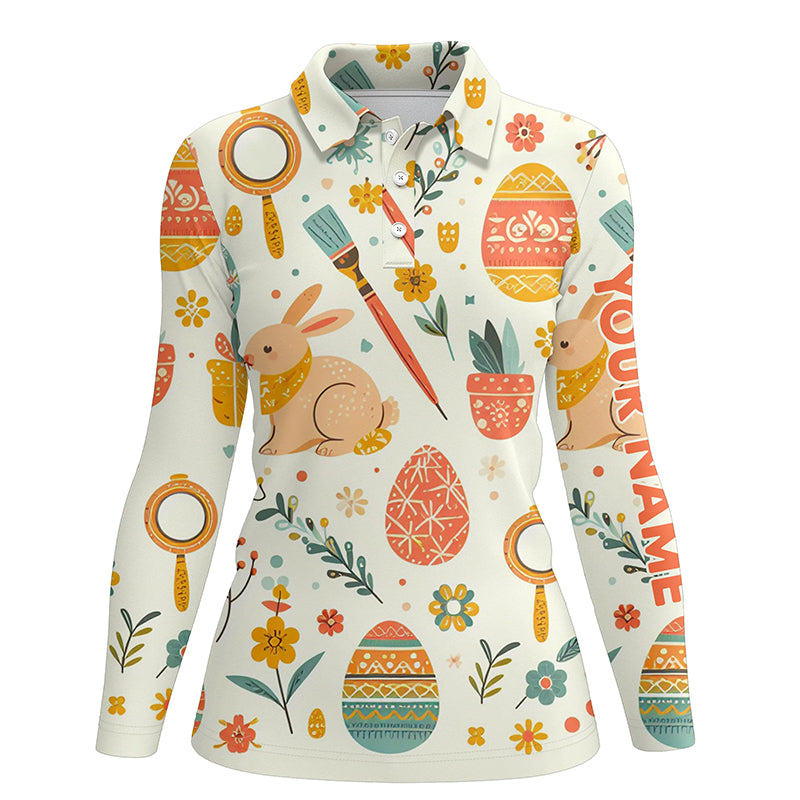 Colorful Easter Eggs & Bunnies Womens Golf Polo Shirt Custom Easter Funny Golf Tops For Women LDT1333