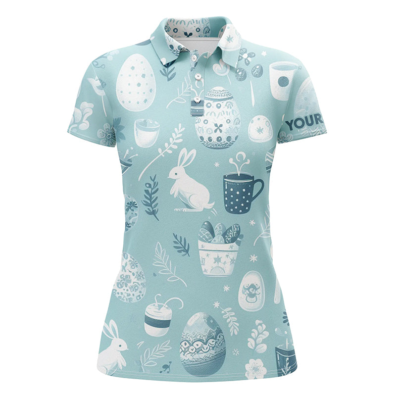 Blue Funny Easter Eggs & Bunnies Womens Golf Polo Shirt Custom Easter Day Golf Tops For Women LDT1334