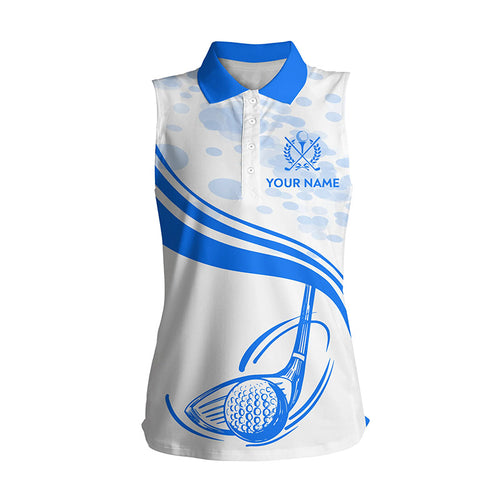Blue White Golf Ball And Club Womens Sleeveless Polo Shirt Custom Cool Golf Tops For Women Golf Gifts LDT0944