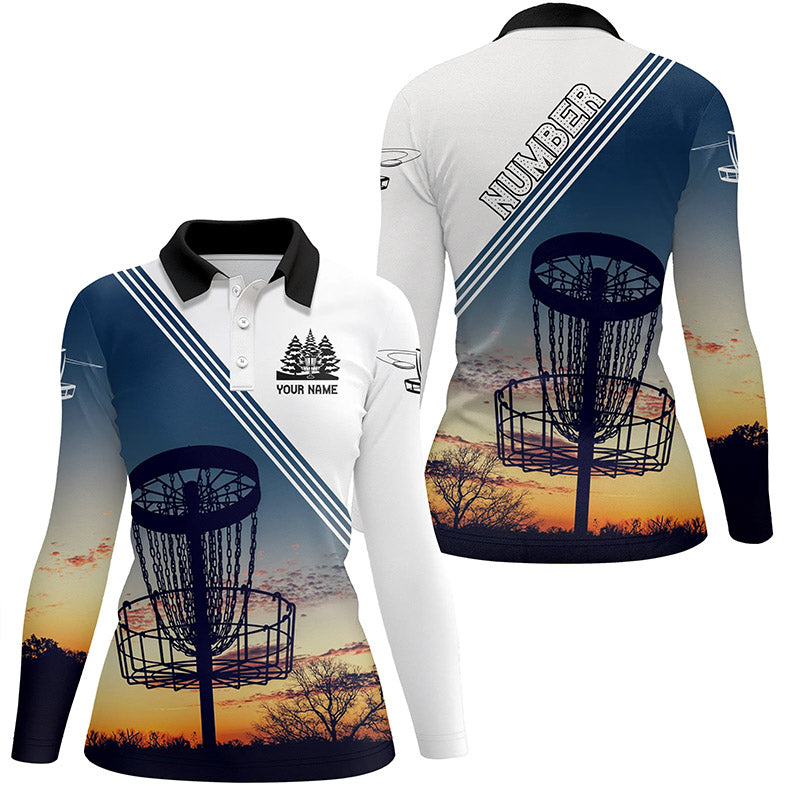 Sunset Personalized Disc Golf Polo Shirt Custom Disc Golf Shirts For Women Disc Golf Basket LDT0947