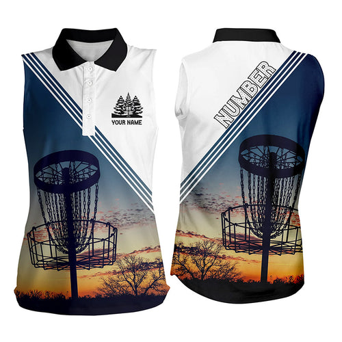 Personalized Disc Golf Womens Sleeveless Polo Shirt Sunset Disc Golf Shirt For Women Disc Golf Basket LDT0947