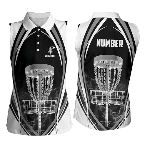 Black And White Womens Disc Golf Sleeveless Polo Shirt Custom Disc Golf Tops For Women Cool Golf Gift LDT0170