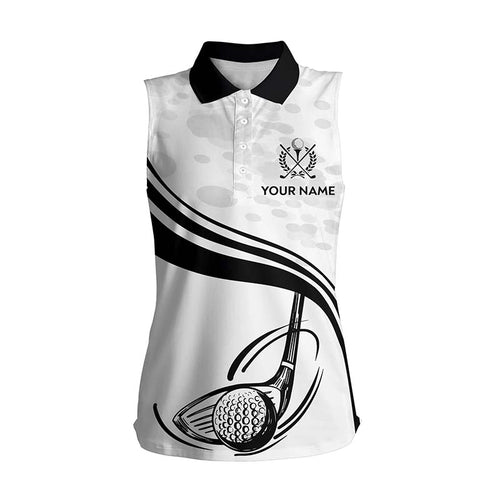 Black White Golf Ball And Club Womens Sleeveless Polo Shirt Cool Golf Shirts For Women Golfing Gifts LDT0463
