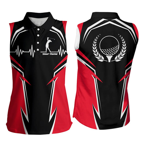 Black Red Womens Sleeveless Golf Polo Shirt Personalized Heartbeat Golf Shirts For Women, Golf Gift LDT0207