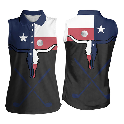 Golf Texas Longhorn Skull Womens Sleeveless Polo Shirt Texas Flag Golf Tops For Women Best Golf Gifts LDT0015