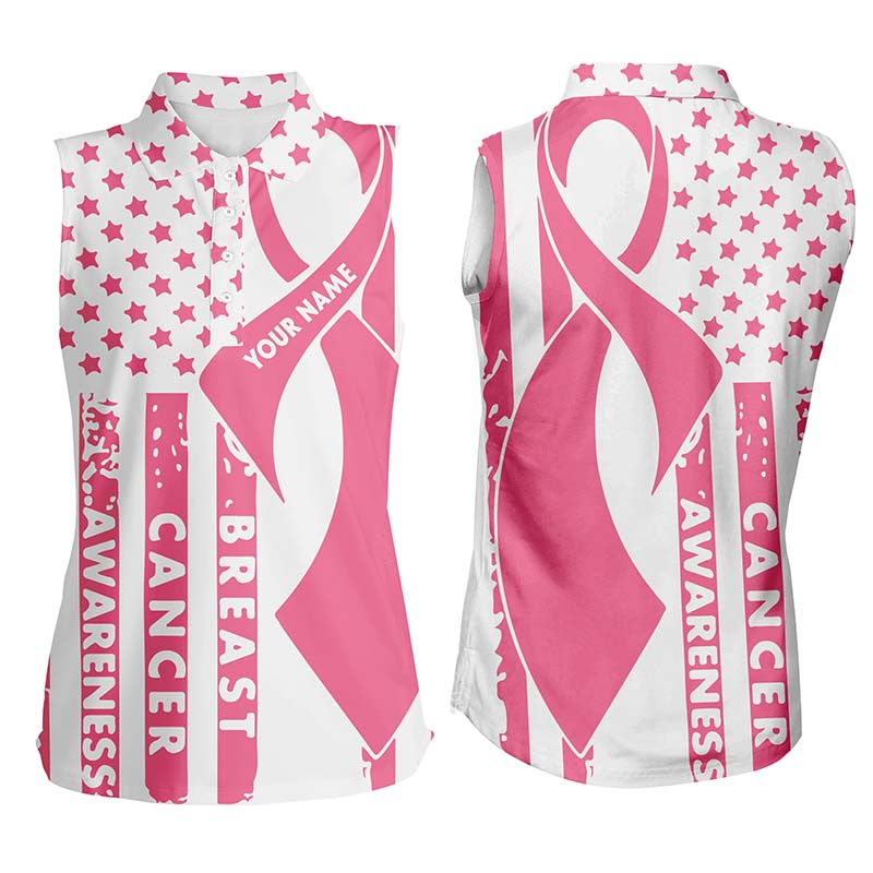 Breast Cancer Awareness White Pink American Flag Womens Sleeveless Polo Shirt Patriotic Golf Top LDT0506