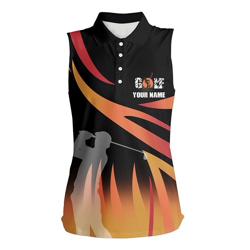 Golf In Passion Black & Orange Flame Sleeveless Polo Shirt Personalized Cool Golf Shirts For Women LDT0232