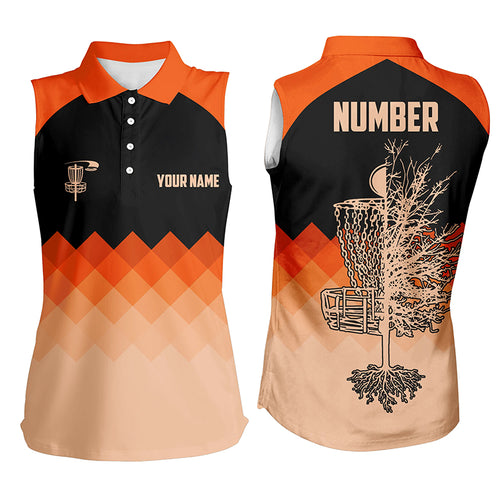 Orange Geometric Pattern Womens Sleeveless Disc Golf Polo Shirt Customized Disc Golf Shirts For Women LDT0514