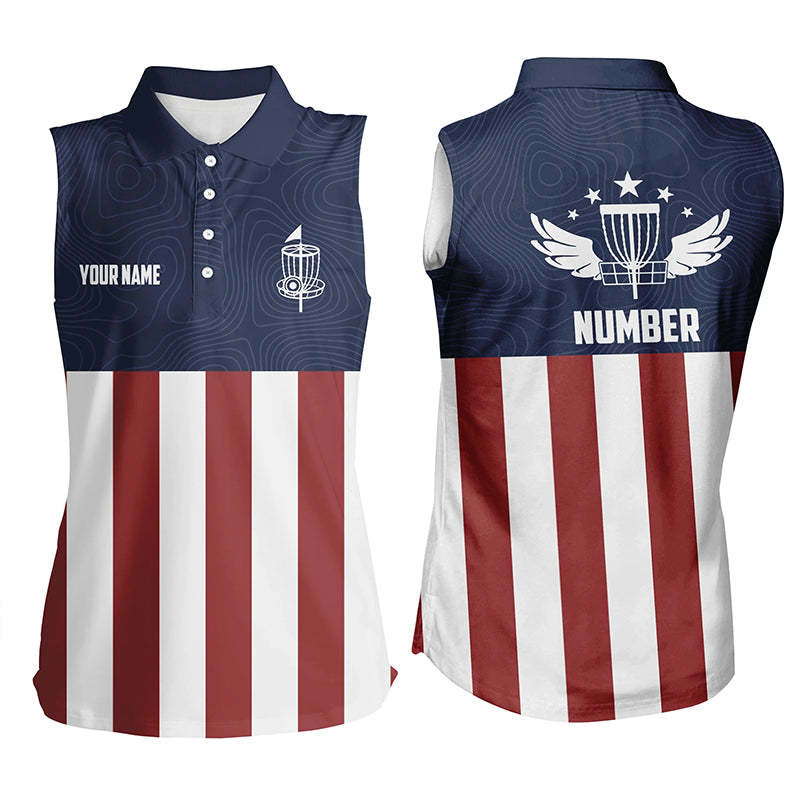 American Flag Golf Course Disc Golf Womens Sleeveless Polo Shirt Patriotic Disc Golf Shirts For Women LDT0521
