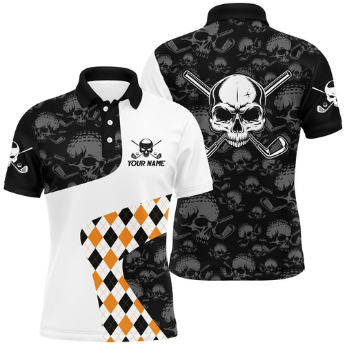 Halloween Orange Argyle Pattern Mens Golf Polo Shirt Skull Golf Shirts For Men Crazy Golf Gifts LDT0545