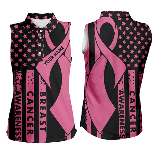 Breast Cancer Awareness American Flag Pink Ribbon Womens Sleeveless Golf Polos Patriotic Golf Top LDT0262