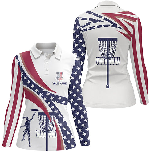 American Flag Disc Golf Polo Shirts Custom Name Patriotic Golf Shirts For Women, Golf Gifts LDT0279