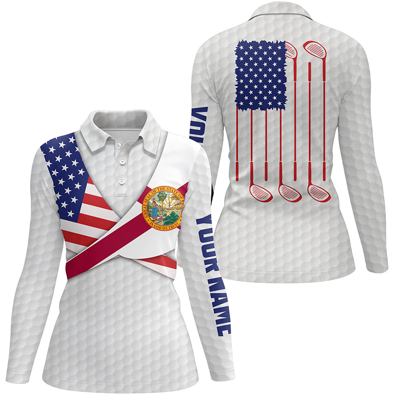 Florida Flag White Golf Pattern Womens Polo Shirt Patriotic Golf Shirts For Women Golf Gifts LDT0605