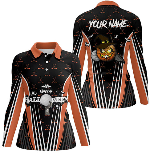 Happy Halloween Golf Polo Shirts Custom Orange Black Golf Shirts For Women, Crazy Golf Gifts LDT0322