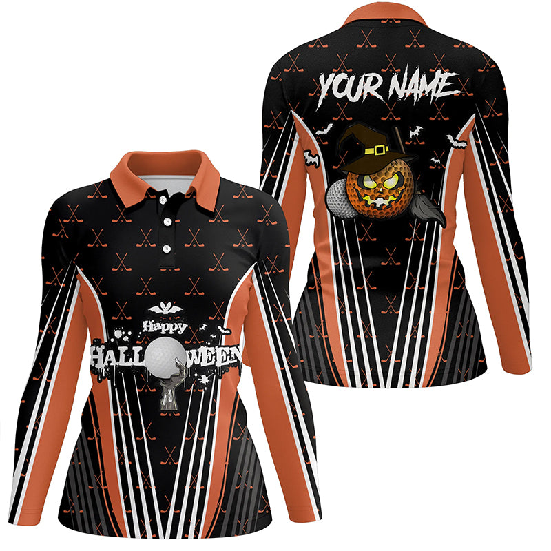 Happy Halloween Golf Polo Shirts Custom Orange Black Golf Shirts For Women, Crazy Golf Gifts LDT0322