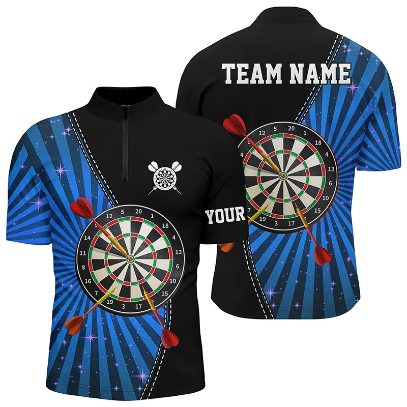 Black Blue Halo Mens Darts Quarter Zip Shirt Custom Cool Darts Shirt For Men Dart Jerseys LDT1462