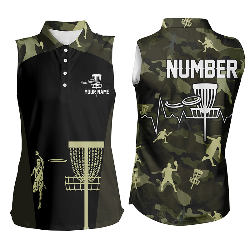 Green Camo Womens Sleeveless Disc Golf Polo Shirts, Custom Golf Shirts For Women, Disc Golf Gifts LDT0086