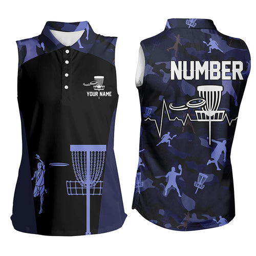 Blue Camo Womens Sleeveless Disc Golf Shirts Custom Camouflage Golf Shirts For Women, Disc Golf Gifts LDT0088
