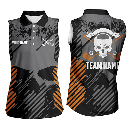 Grey Grunge Orange Skull Sleeveless Golf Polo Shirts Custom Golf Shirts For Women Scary Golf Gifts LDT0379
