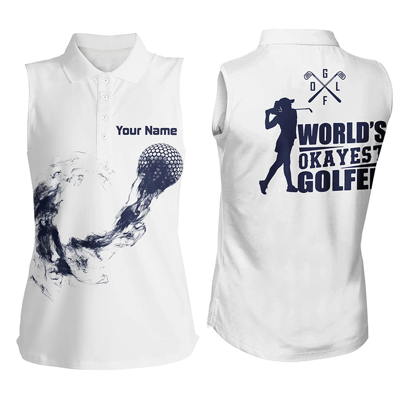 Navy And White Womens Sleeveless Golf Polo Shirts Custom Name Golf Shirts For Ladies, Cool Golf Gifts LDT0151