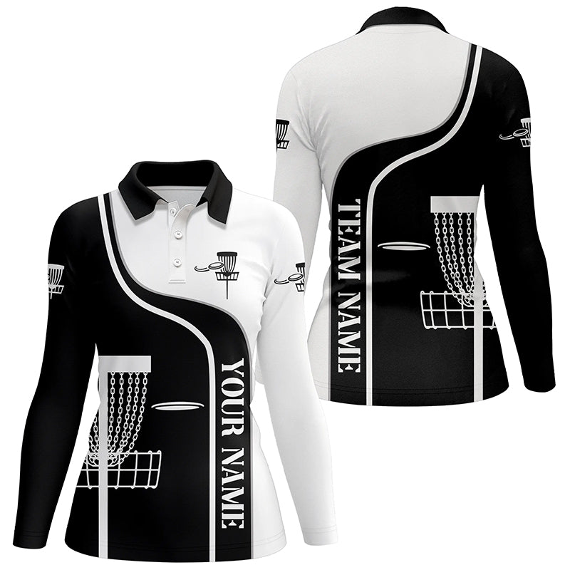 Personalized Disc Golf Basket Black White Womens Polo Shirt Custom Disc Golf Shirts For Women LDT0721