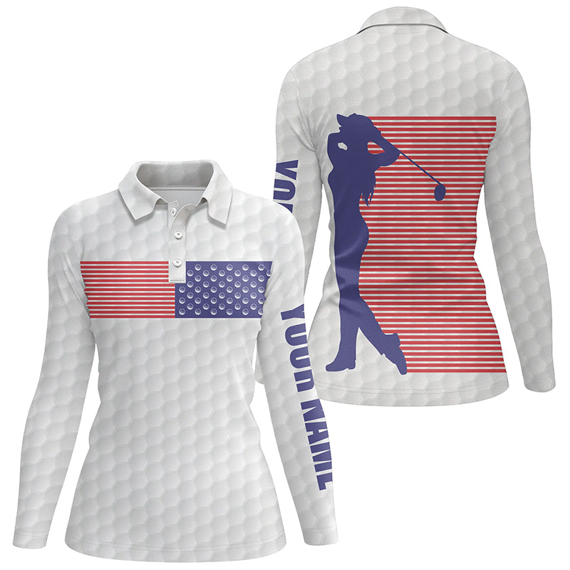 American Flag White Golf Pattern Polo Shirt Custom Patriotic Golf Shirts For Women Golf Gift LDT0773
