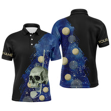 Load image into Gallery viewer, Water Color Golf Skull With Golf Ball Mens Polo Shirt, Custom Name Black Blue Golf Shirts For Men LDT0017