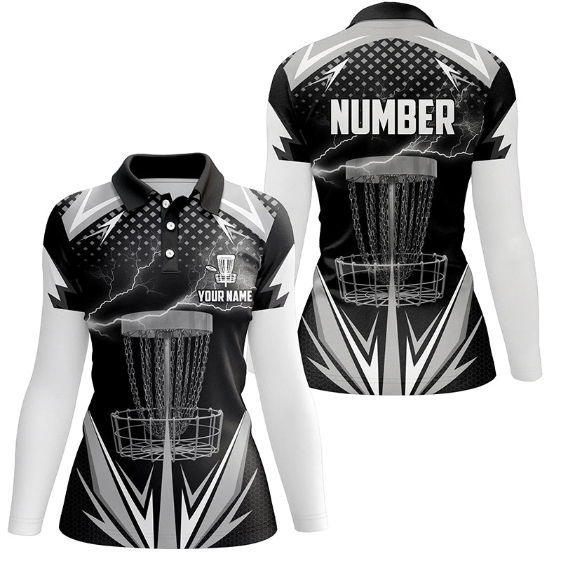 Black & White Thunder Disc Golf Polo Shirts, Custom Lightning Disc Golf Shirts For Women LDT0218